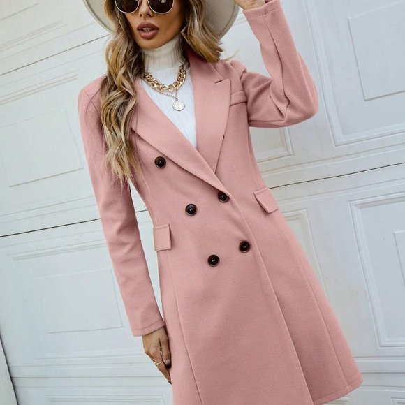 Pink Preppy Womens Lapel Collar Double Breasted Overcoat - Picture 3 of 4